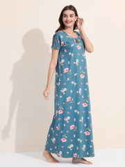 Women's Blue Floral Printed Hosiery Nighty