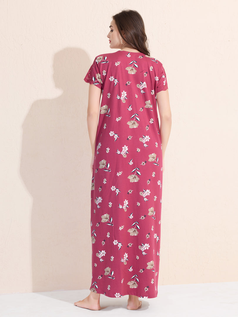 Women's Pink Floral Printed Hosiery Nighty