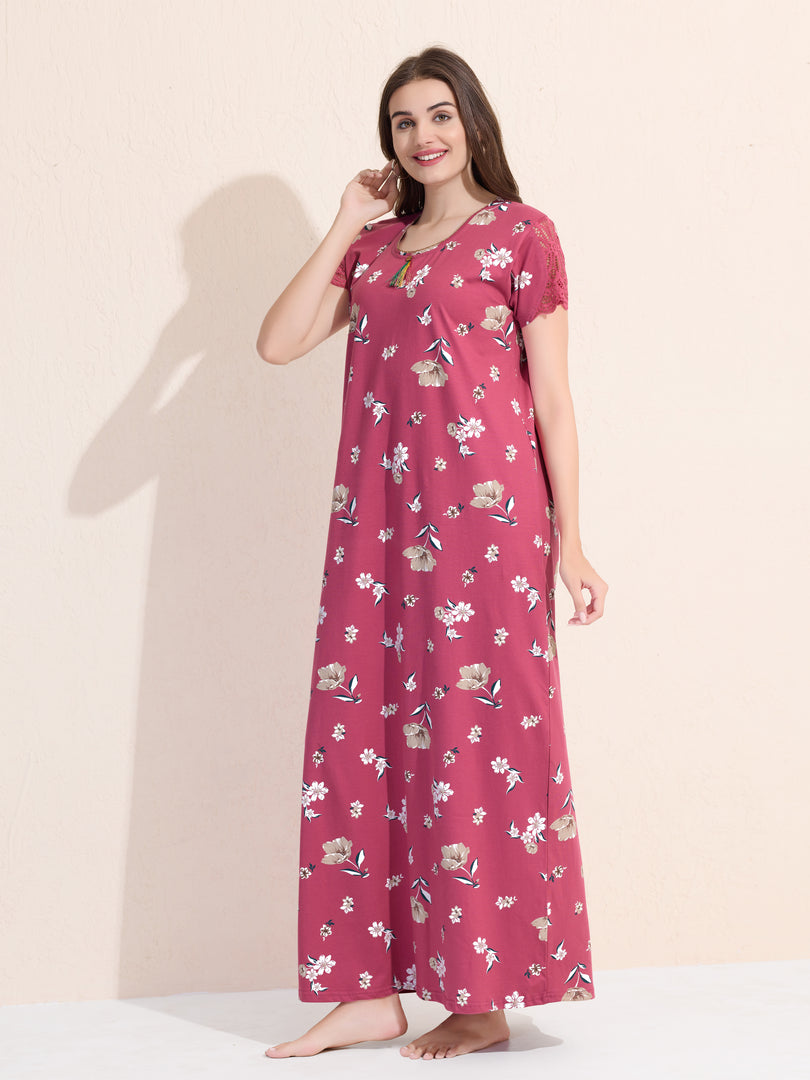 Women's Pink Floral Printed Hosiery Nighty