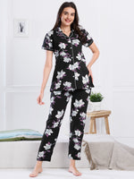 Load image into Gallery viewer, Women&#39;s Black Floral Print Nightsuit
