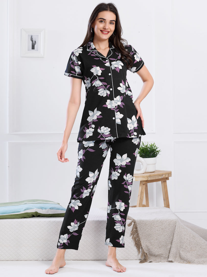 Women's Black Floral Print Nightsuit