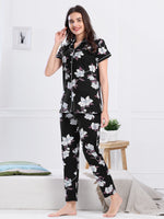 Load image into Gallery viewer, Women&#39;s Black Floral Print Nightsuit
