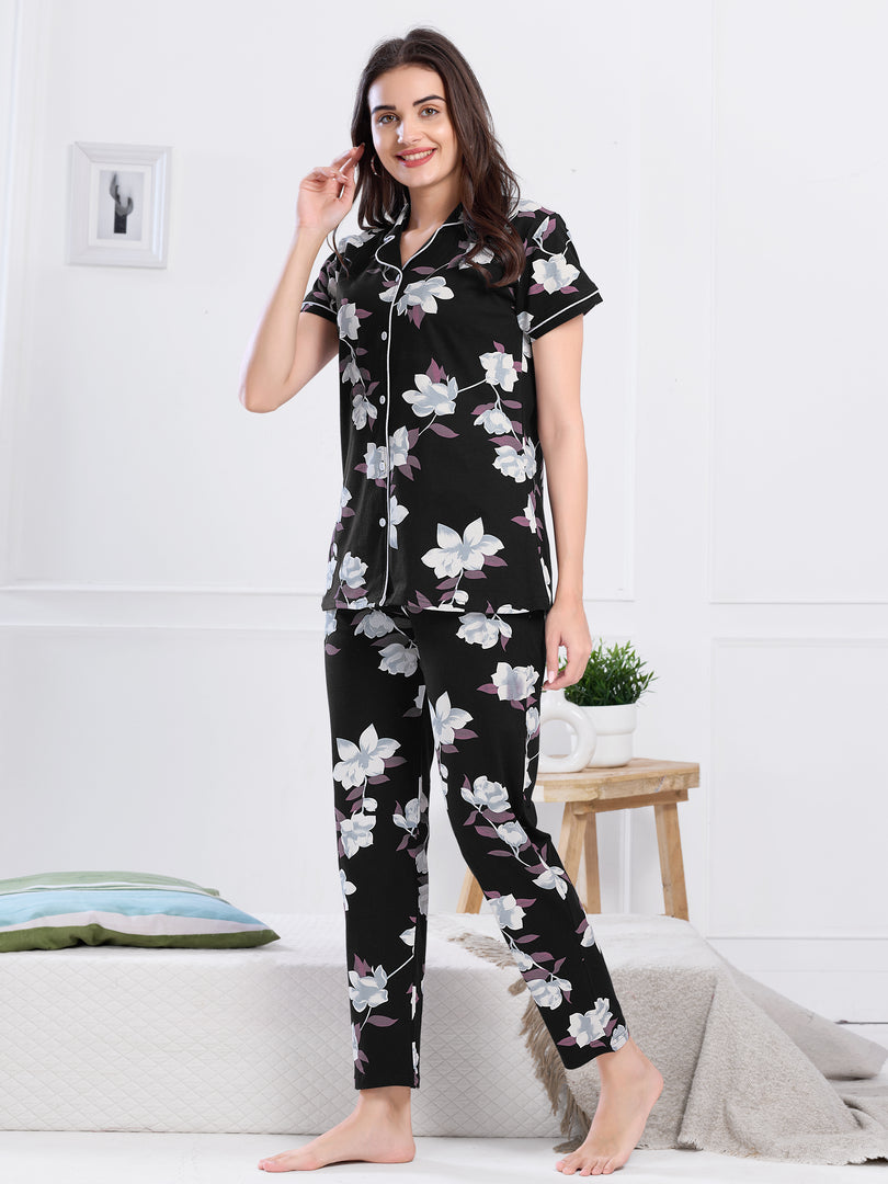 Women's Black Floral Print Nightsuit