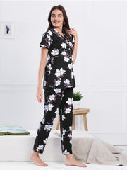 Women's Black Floral Print Nightsuit