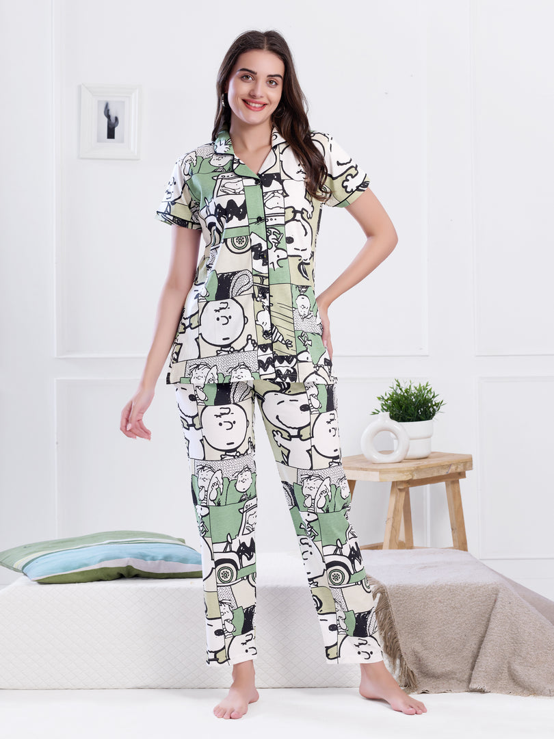Women's Green Cartoon Print Night Suit