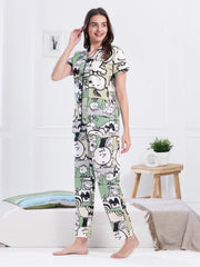 Women's Green Cartoon Print Night Suit