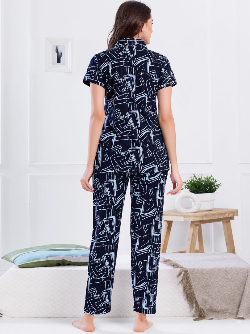 Women's Navy Blue Abstract Printed Nightsuit