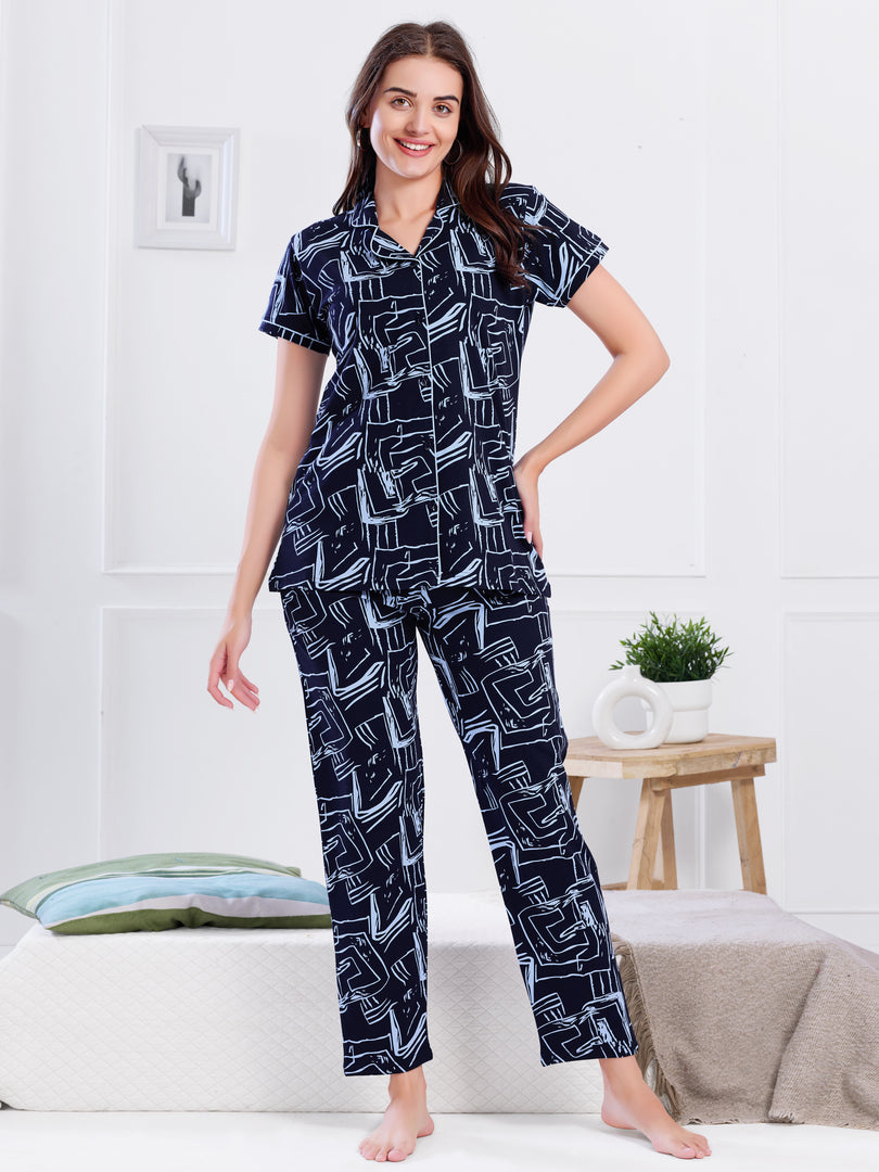 Women's Navy Blue Abstract Printed Nightsuit