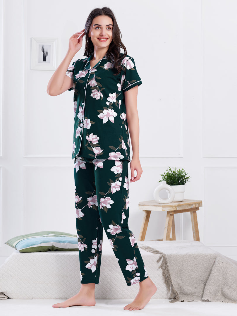 Women's Green Floral Print Nightsuit