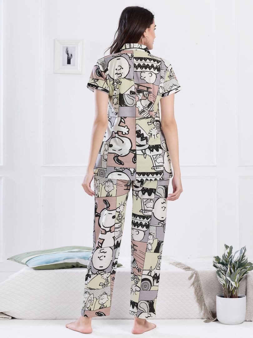 Women's Purple Cartoon Print Night Suit