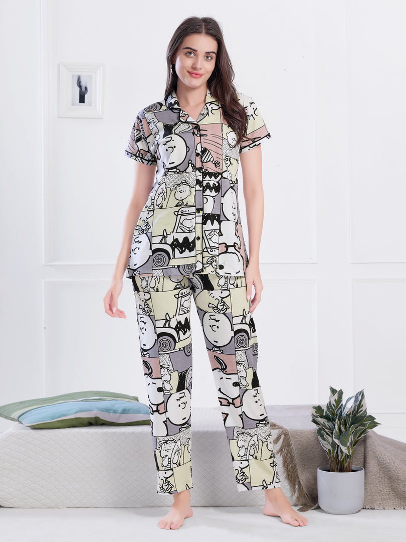 Women's Purple Cartoon Print Night Suit
