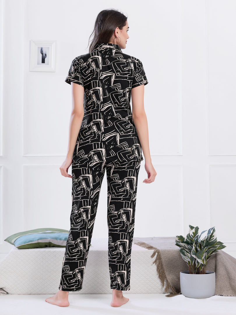 Women's Black Abstract Printed Nightsuit