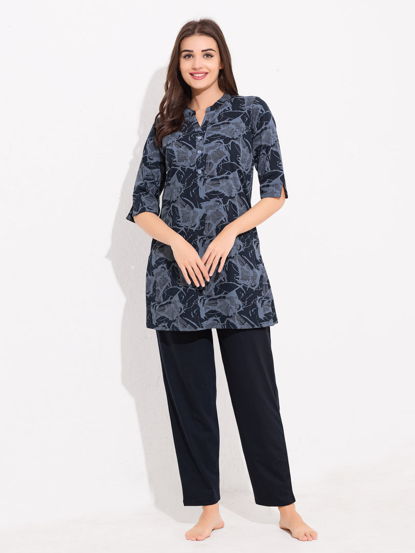 WOMEN Blue Top And Trouser Hosiery Night Suit