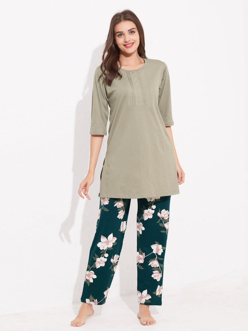 WOMEN Top And Trouser Hosiery Night Suit Green
