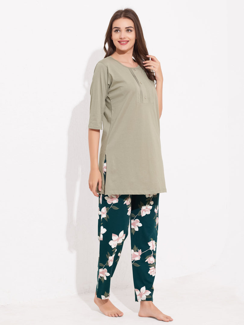 WOMEN Top And Trouser Hosiery Night Suit Green