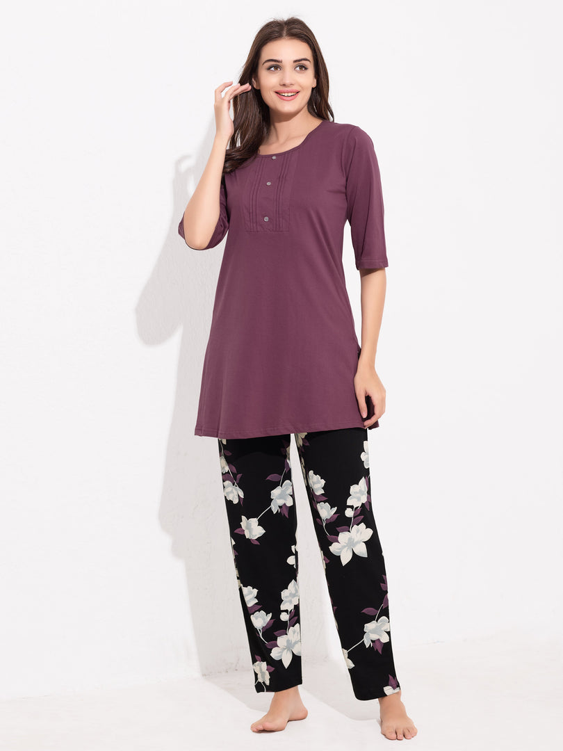 WOMEN Top And Trouser Hosiery Night Suit Purple