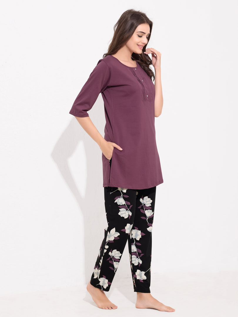 WOMEN Top And Trouser Hosiery Night Suit Purple