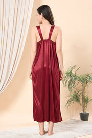 Satin Lace Maroon Full-Length Nightgown with Matching Robe (2-Piece Nightwear Set)