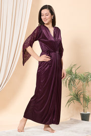 Satin Lace Violet Full-Length Nightgown with Matching Robe (2-Piece Nightwear Set)