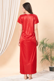 Satin Lace Red Full-Length Nightgown with Matching Robe (2-Piece Nightwear Set)