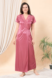 Satin Lace Peach Full-Length Nightgown with Matching Robe (2-Piece Nightwear Set)