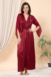 Satin Lace Maroon Full-Length Nightgown with Matching Robe (2-Piece Nightwear Set