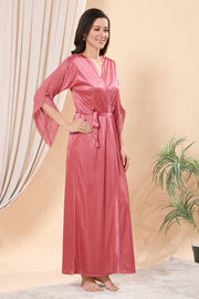 Satin Lace Pink Full-Length Nightgown with Matching Robe (2-Piece Nightwear Set