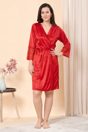 Satin Red Lace Nightdress with Matching Robe (2-Piece Nightwear Set)