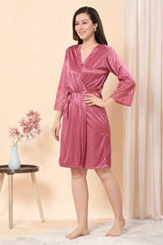 Satin Pink Lace Nightdress with Matching Robe (2-Piece Nightwear Set)