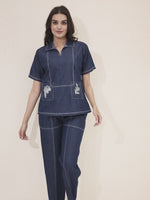 Load and play video in Gallery viewer, Arela Womens Blue Denim Co-ord set with Embroided Pockets
