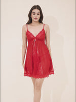 Load and play video in Gallery viewer, Women&#39;s Red Sheer Lace Babydoll Nightdress with Satin Bow

