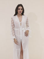 Load and play video in Gallery viewer, Women&#39;s 3-Piece White Sheer Lace Lingere Set With Robe, Bralette &amp; Thong
